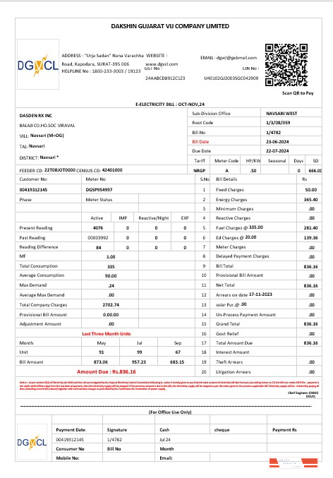 INDIA DGVCL business utility bill Word and PDF template PSD template